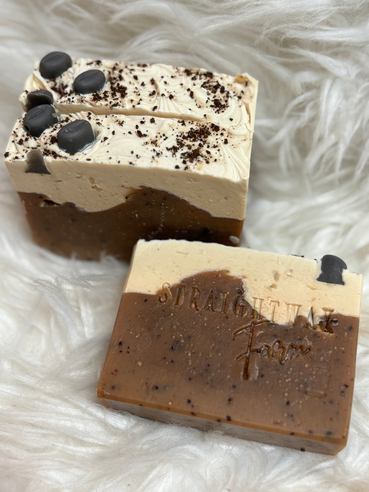 Coffeehouse brew scrub, goat milk and tallow natural soaps.
