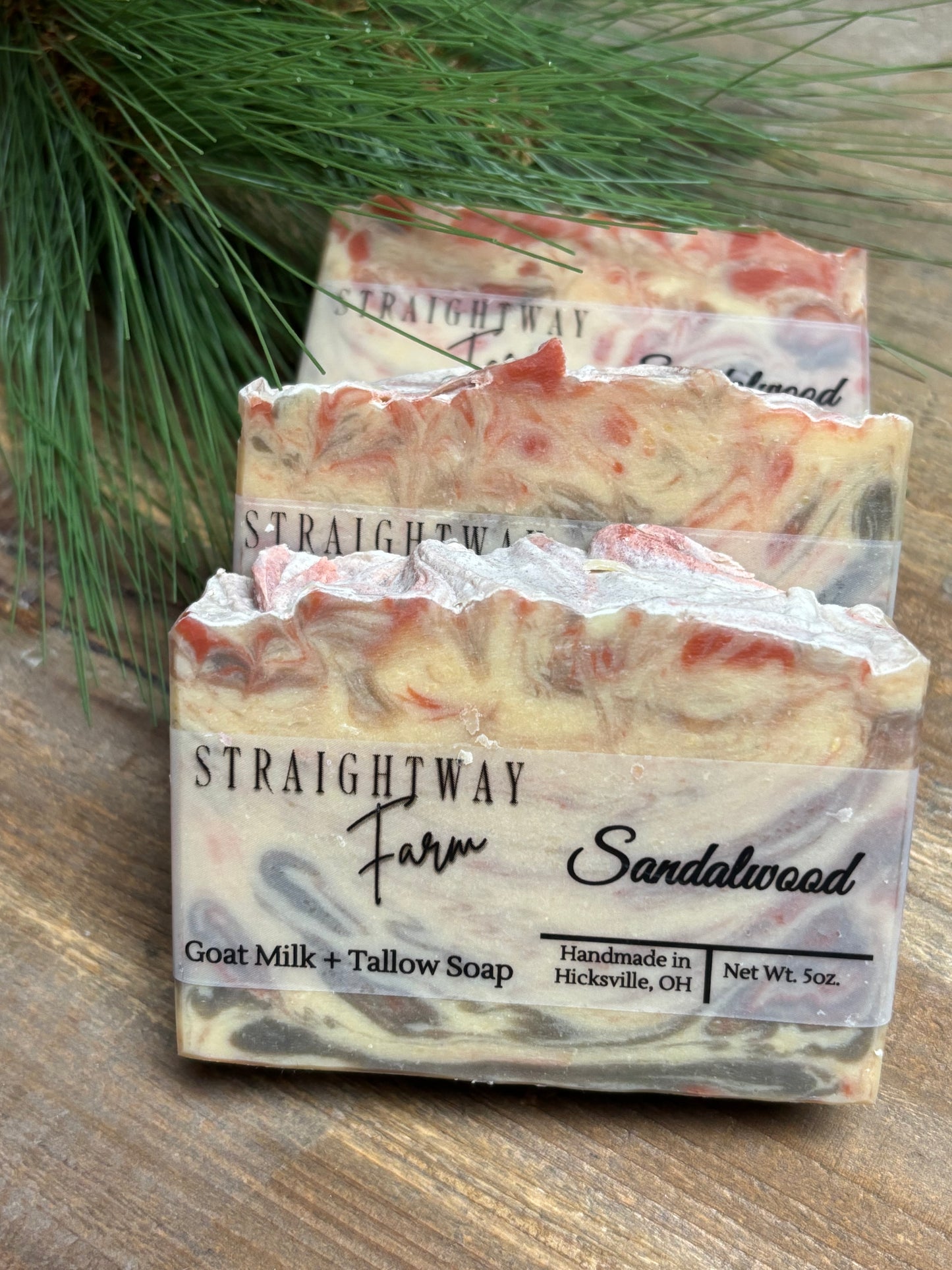Sandalwood goat milk and tallow natural soaps.