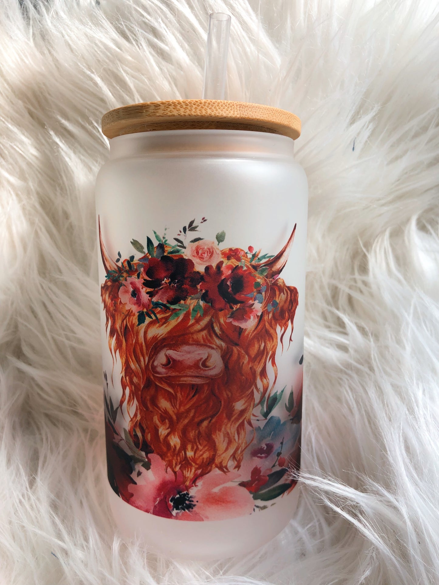 Highland print, glass tumbler. Perfect summer tumbler for iced coffee, bridal gifts and birthday gift.