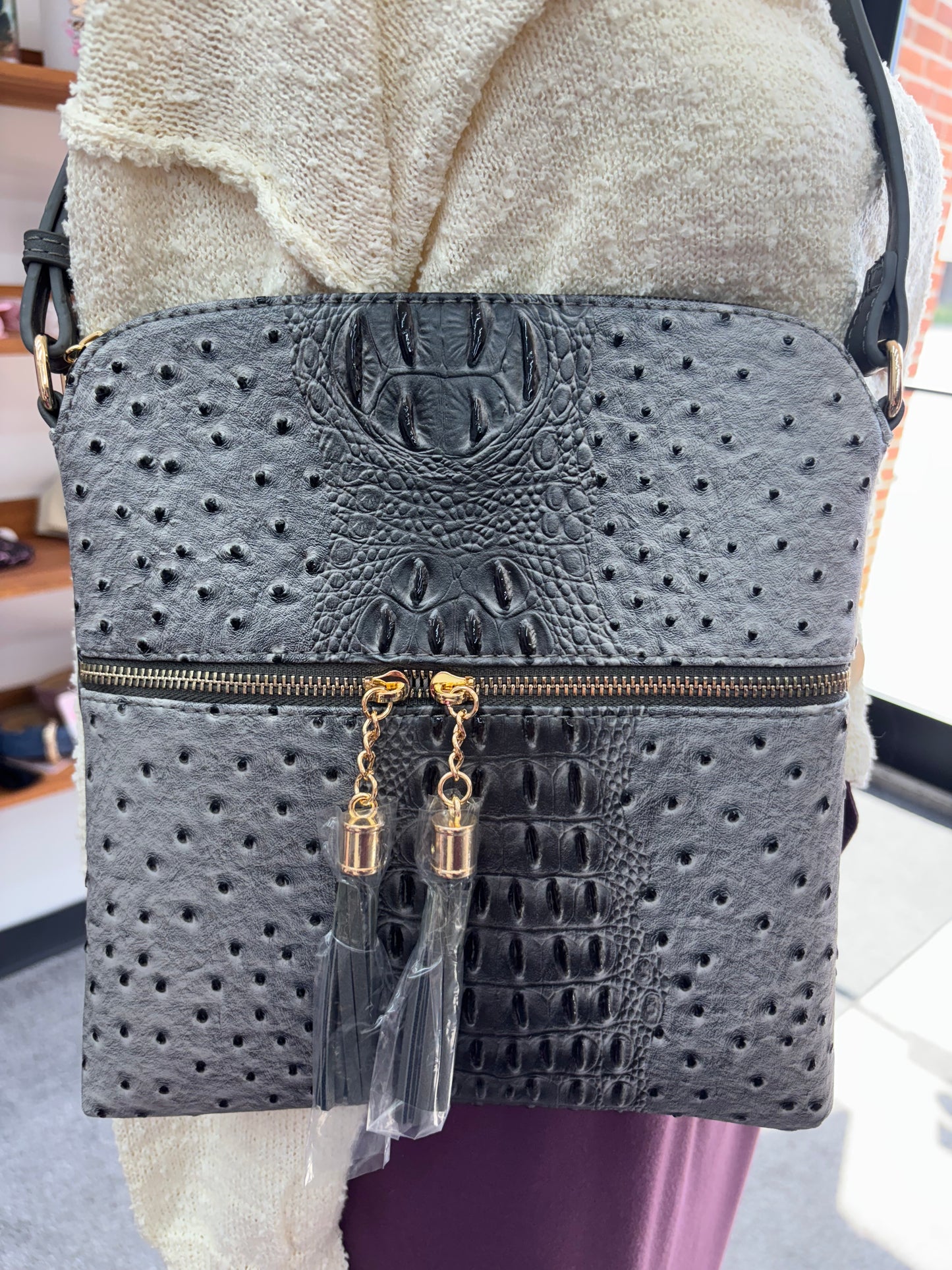 Ostrich/Crocc Print Crossbody