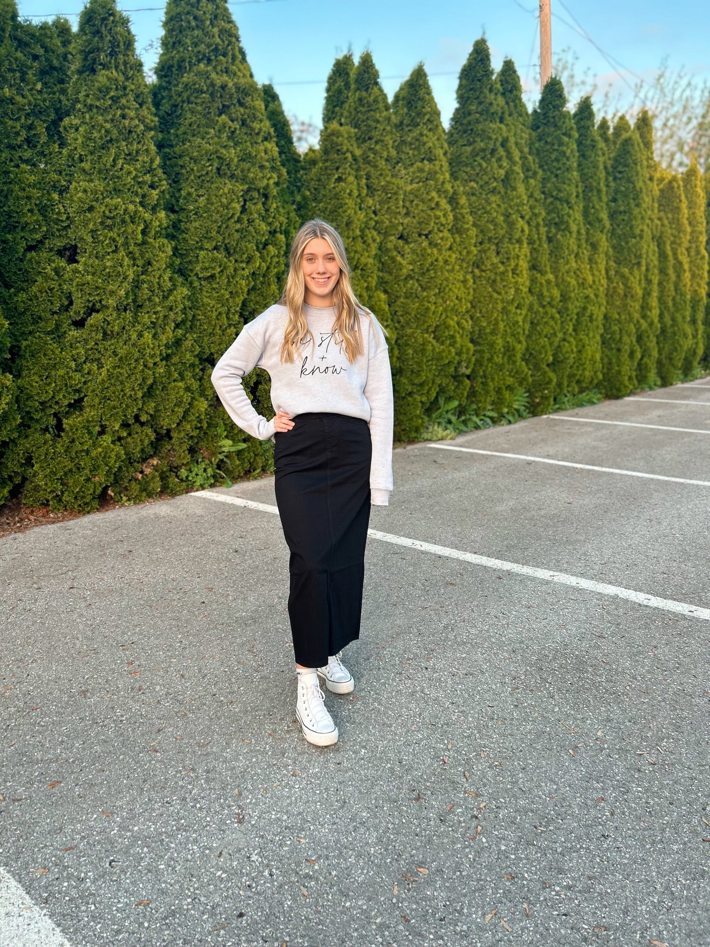 Classy modest black skirt for Mennonite and Holiness women. Stretch.