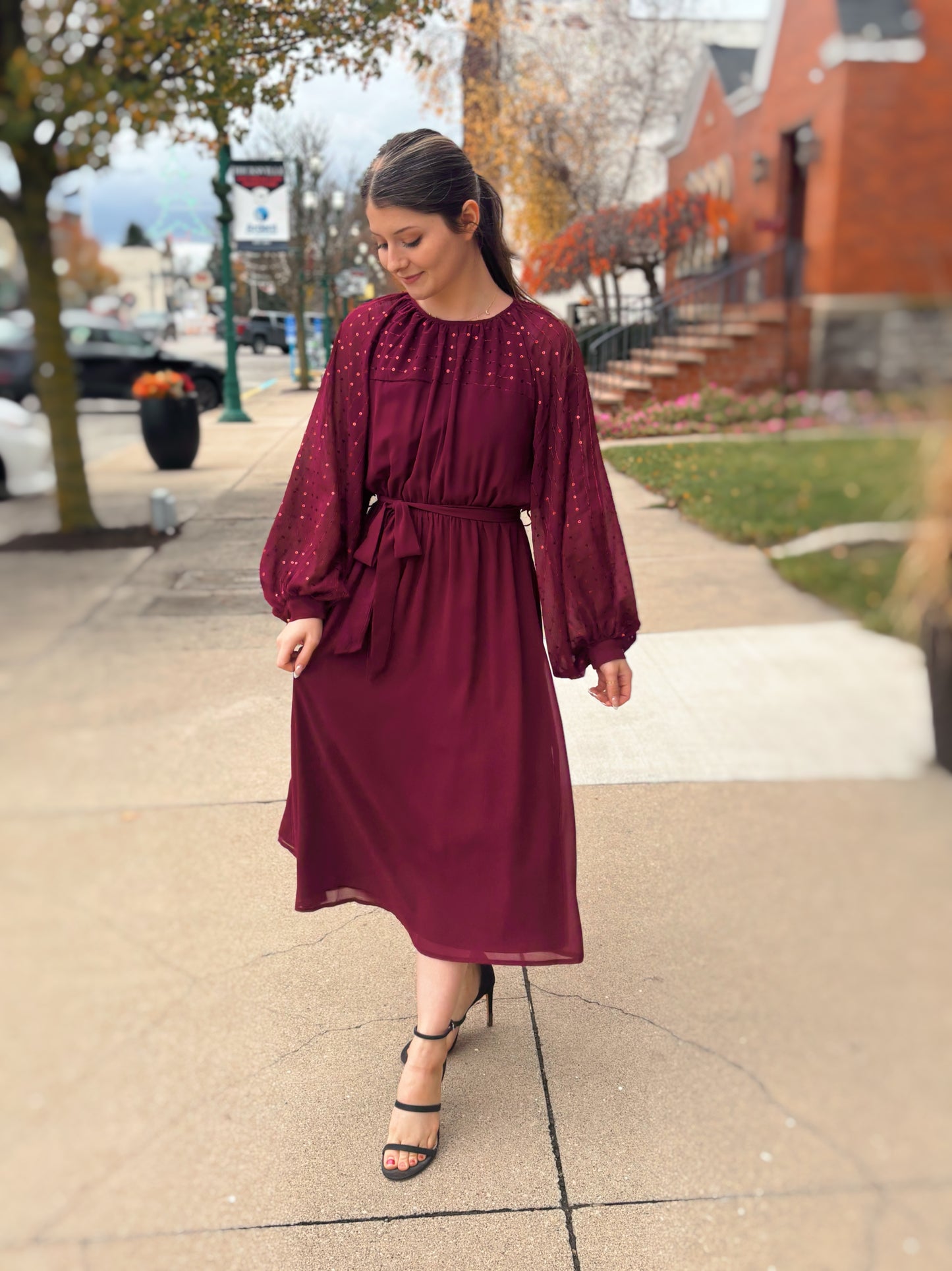 Dressy, sequin, maroon dress.