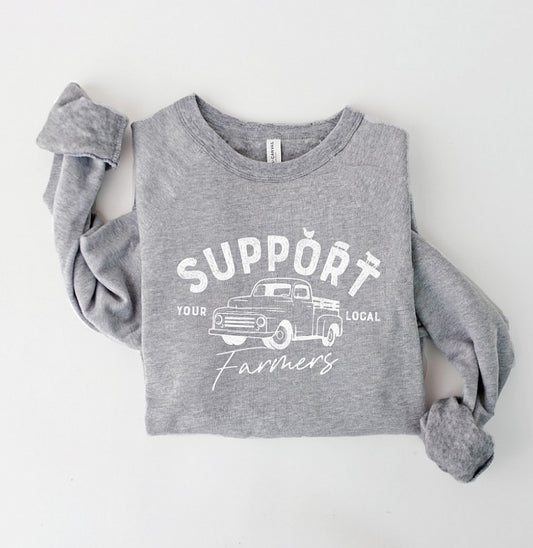 Gray sweatshirt with 'Support Your Local Farmers' text and truck graphic on a white background