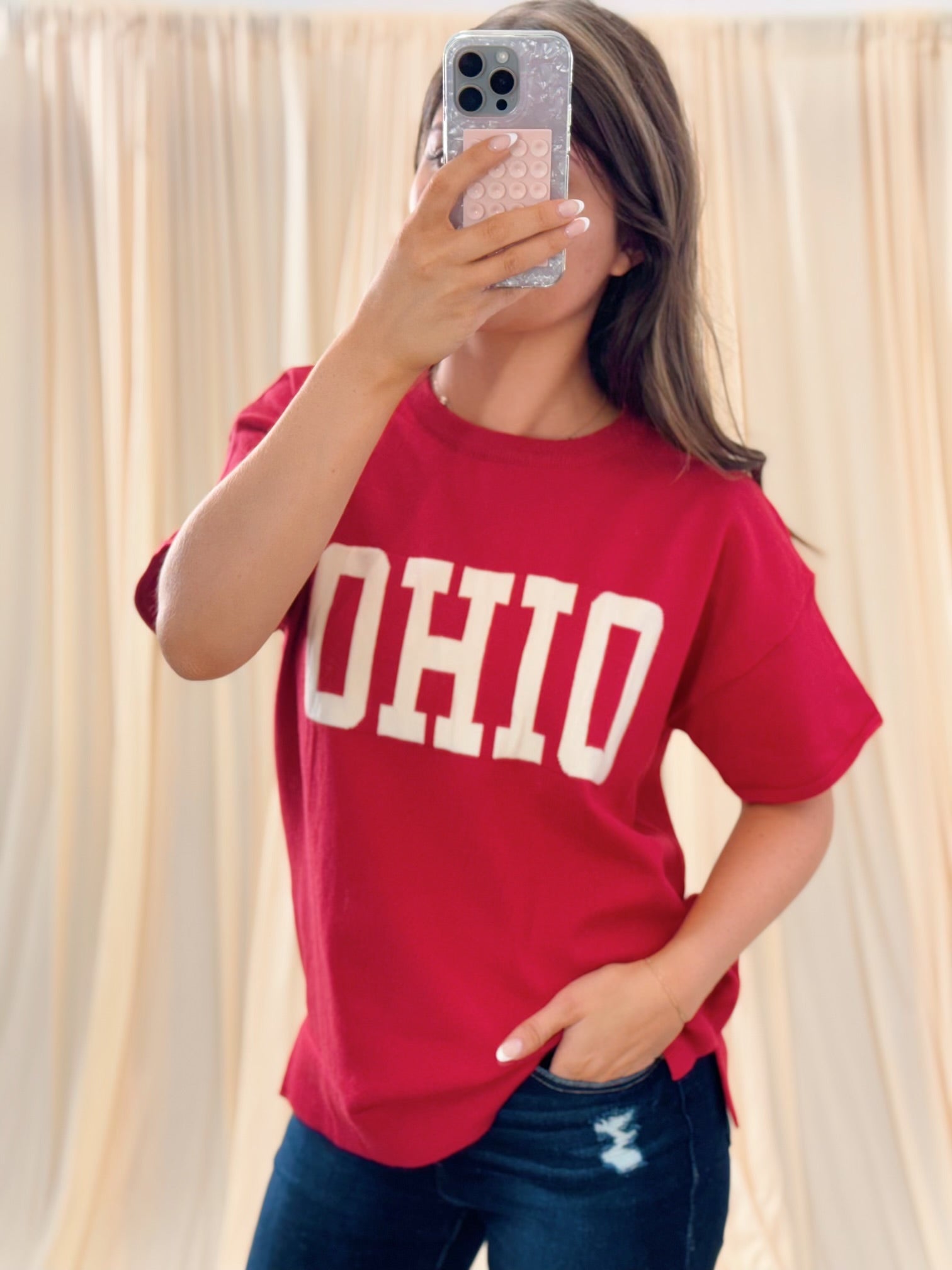 The perfect Ohio short sleeve sweater. Scarlet and oatmeal