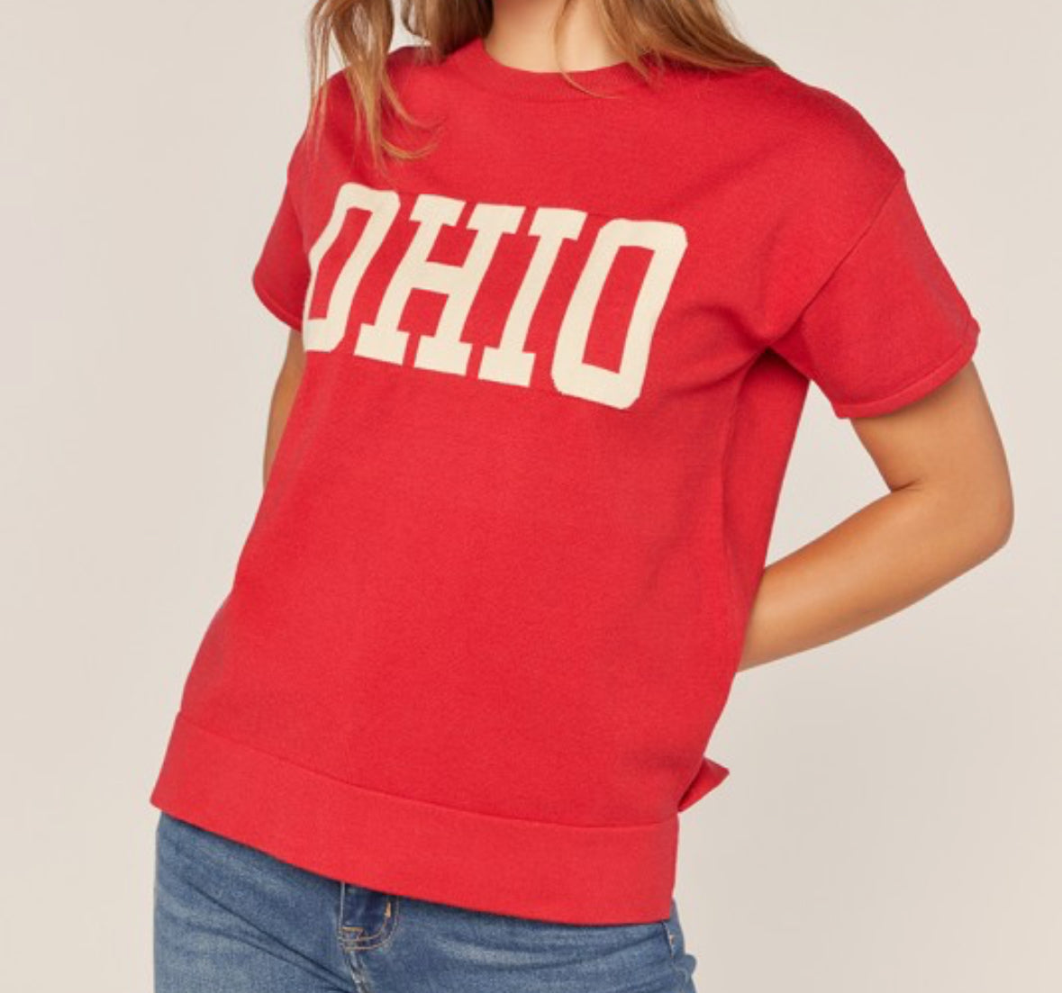 The perfect Ohio short sleeve sweater. Scarlet and oatmeal