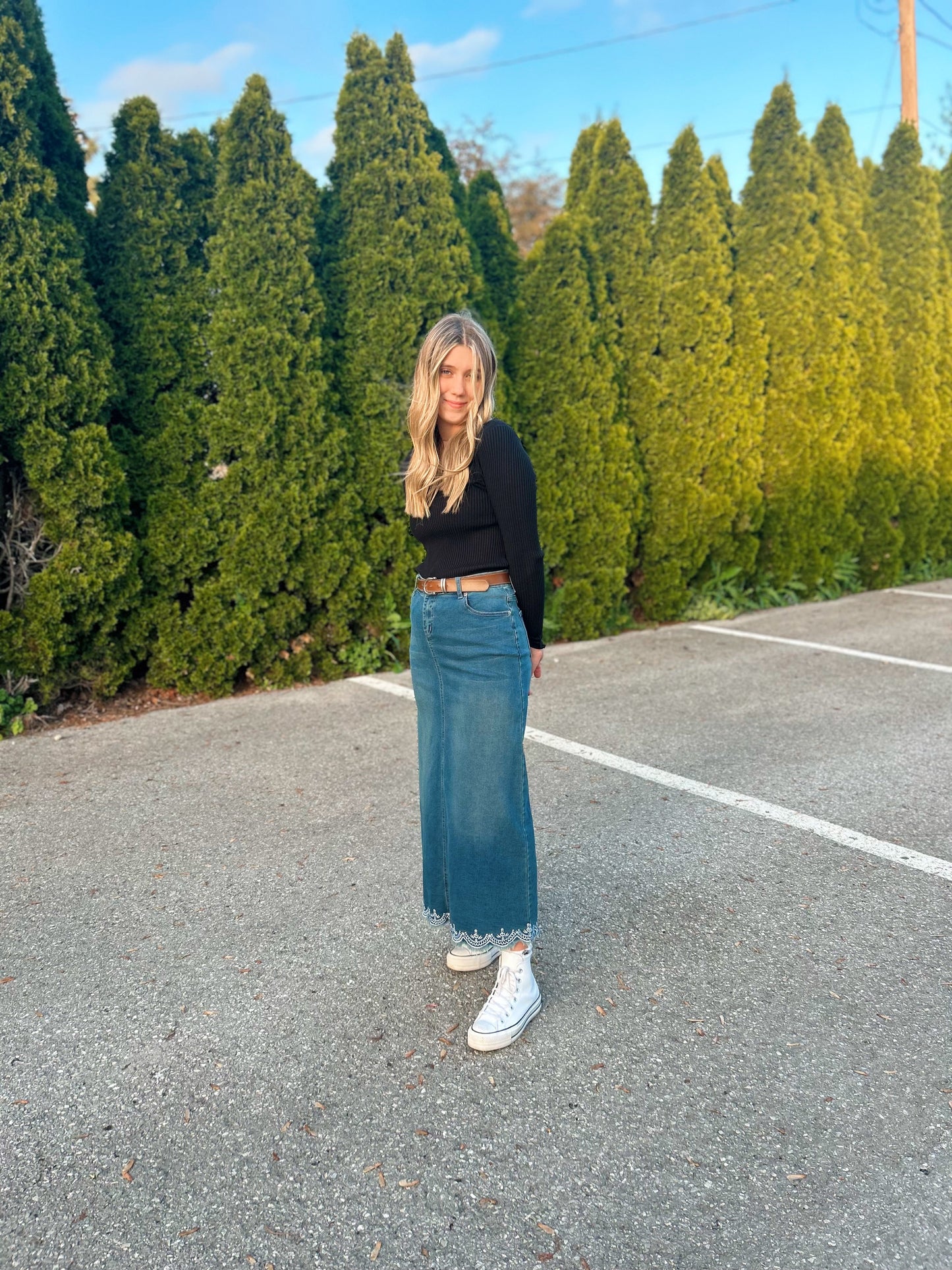 Embroidered Maxi Denim Skirt (Be-Girl)