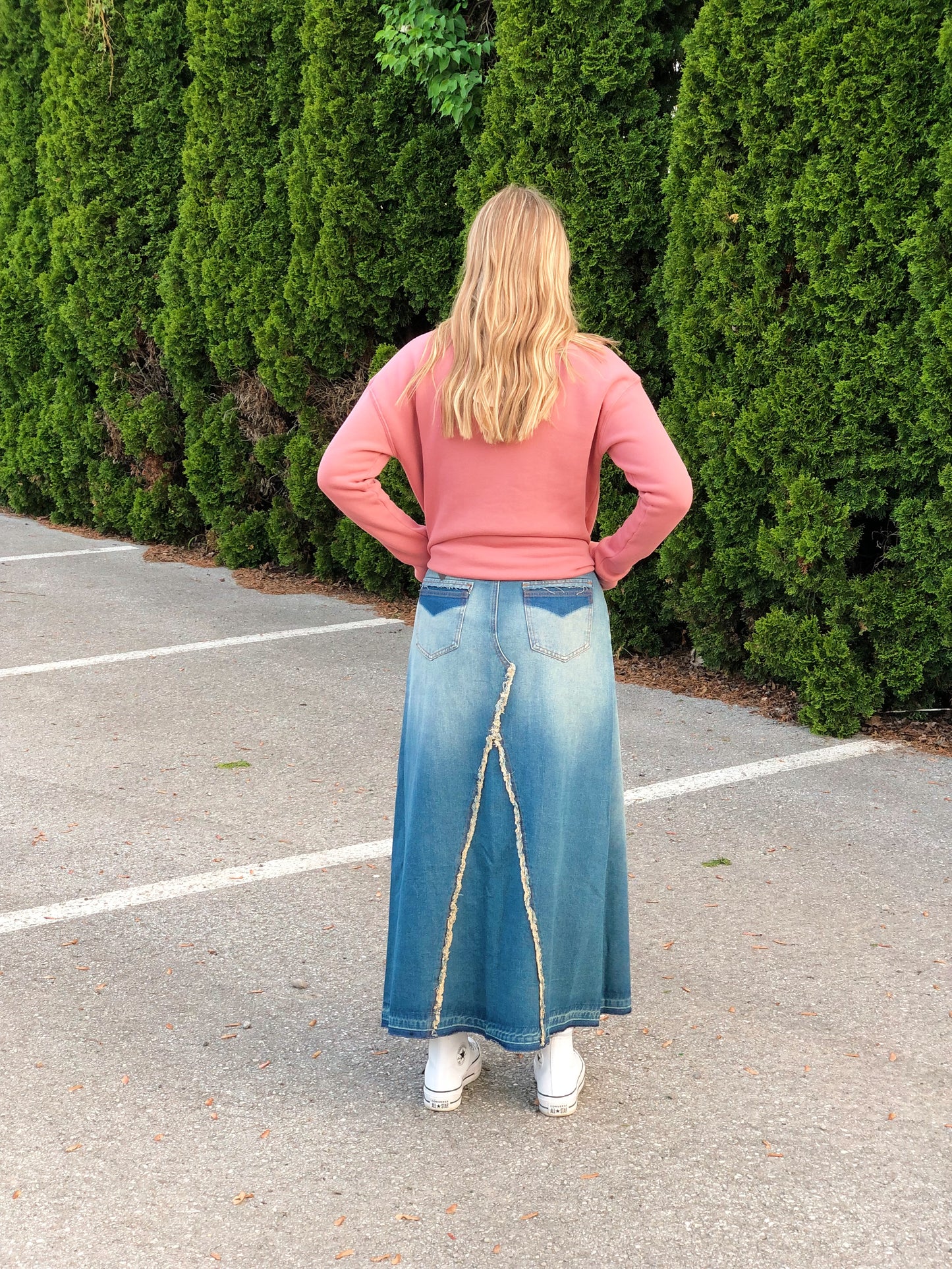 Medium Wash Maxi Denim Skirt (Be-Girl)